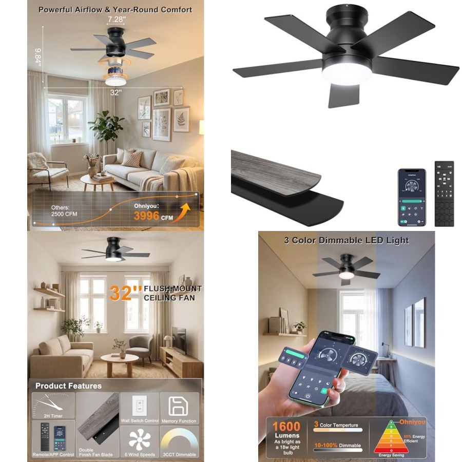 Ceiling Fan Low Profile Flush Mount - 조명이 있는 천장 선풍기, 조명과 리모컨/앱