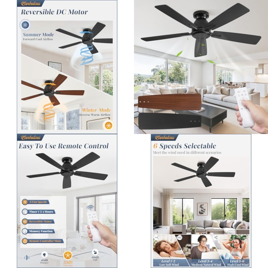 Ceiling Fan Low Profile Flush Mount - 플러시 마운트 천장 선풍기(조명 없음, 리모컨