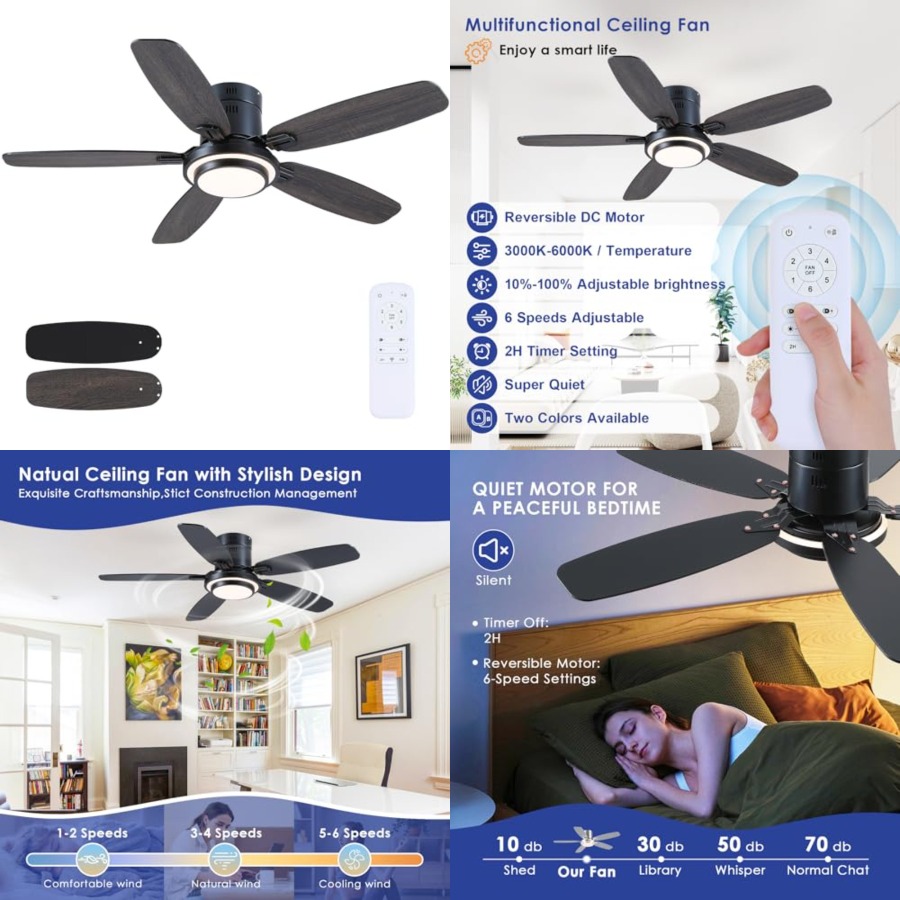 Ceiling Fan Low Profile Flush Mount - 블랙 천장 선풍기(조명 및 리모컨 포함),