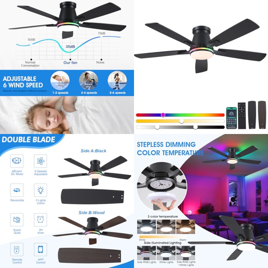Ceiling Fan Low Profile Flush Mount - 52인치 RGB 조명 천장 선풍기 -