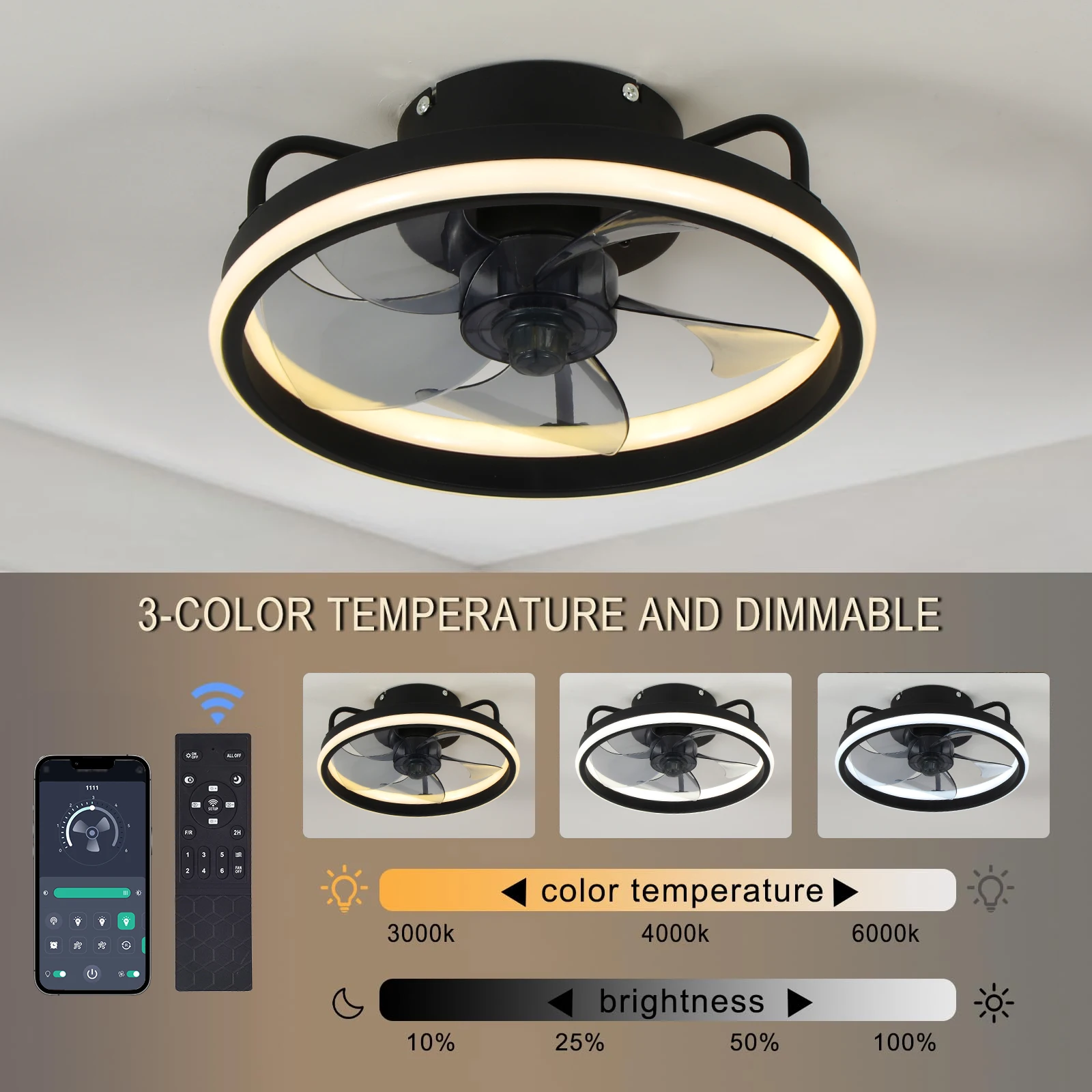 Ceiling Fan With Remote Control Reversible - 현대식 LED 천장 선풍기, 리모컨 포함,