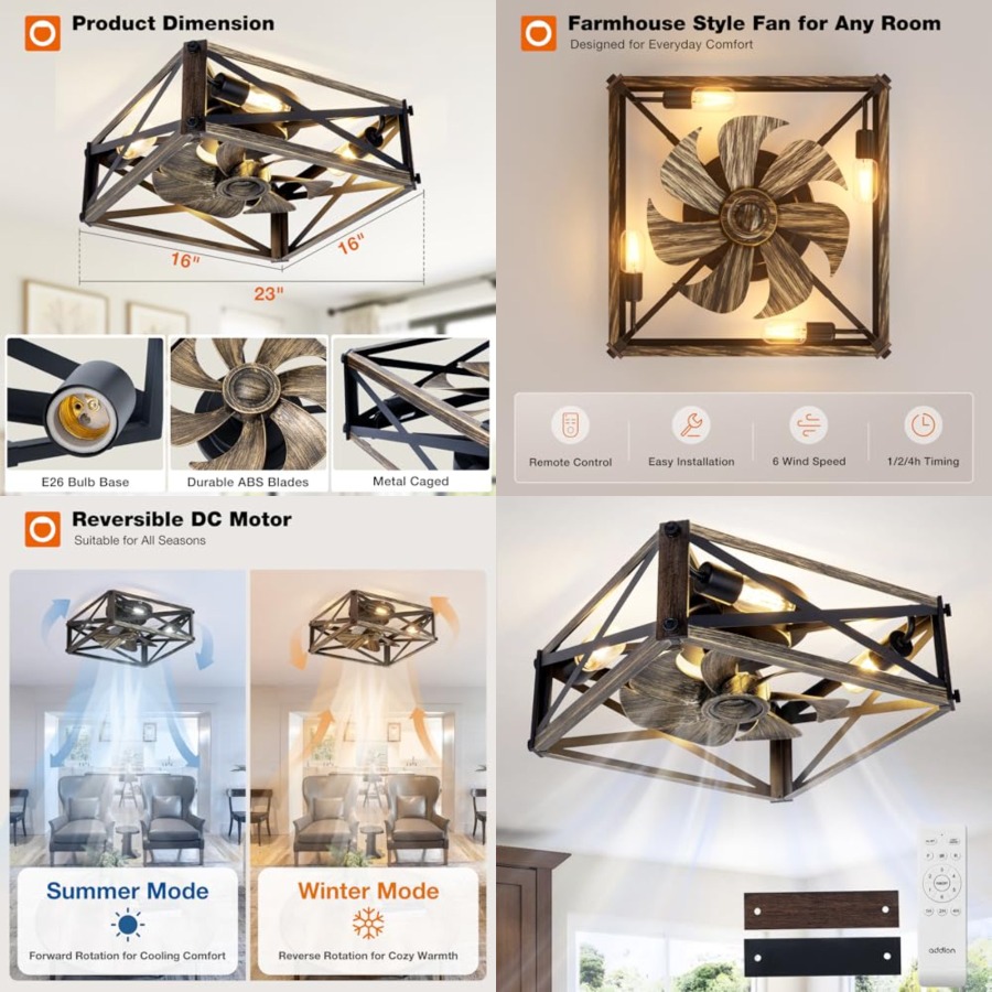 Ceiling Fan Low Profile Flush Mount - 조명과 리모컨이 포함된 케이지형 로우 프로파일