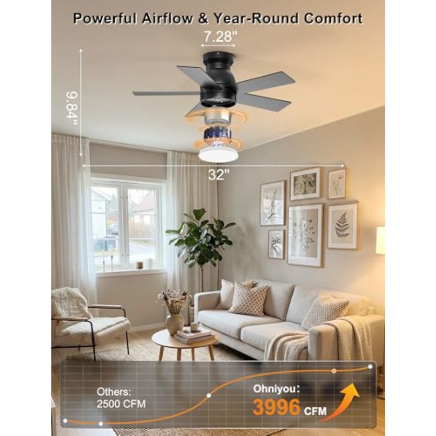 조명이 있는 천장 선풍기, 조명과 리모컨/앱 제어 기능 - Ceiling Fan Low Profile Flush Mount 리뷰 및 가격