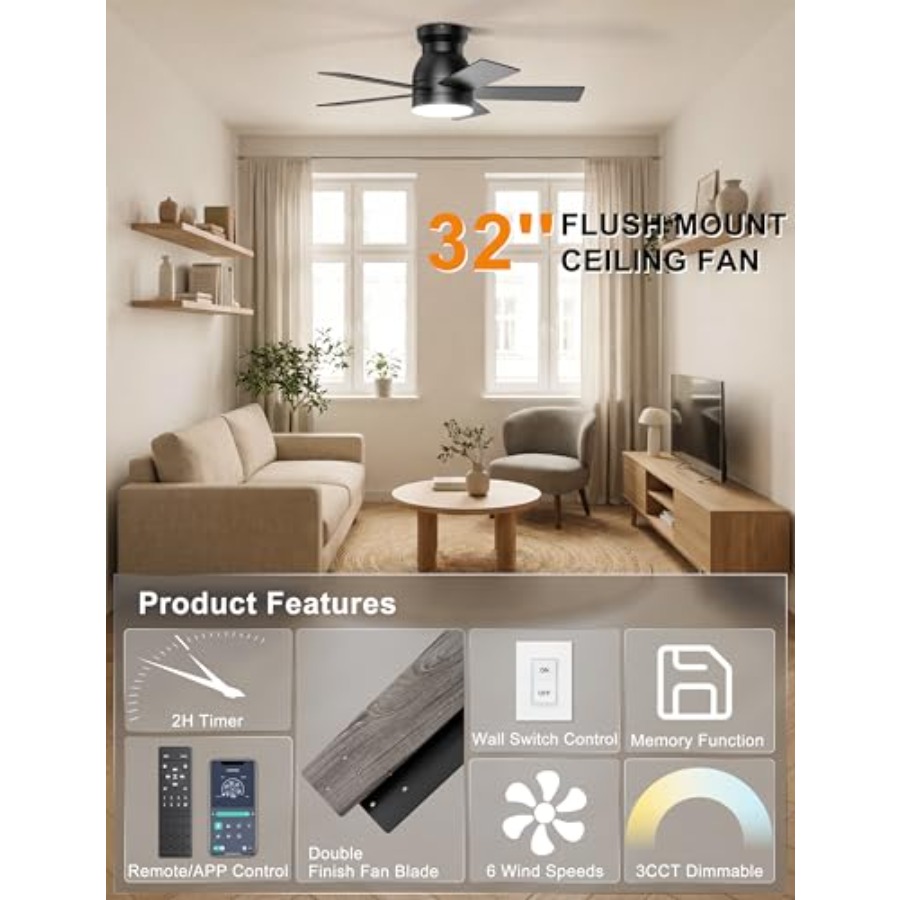 조명이 있는 천장 선풍기, 조명과 리모컨/앱 제어 기능 - Ceiling Fan Low Profile Flush Mount 리뷰 및 가격