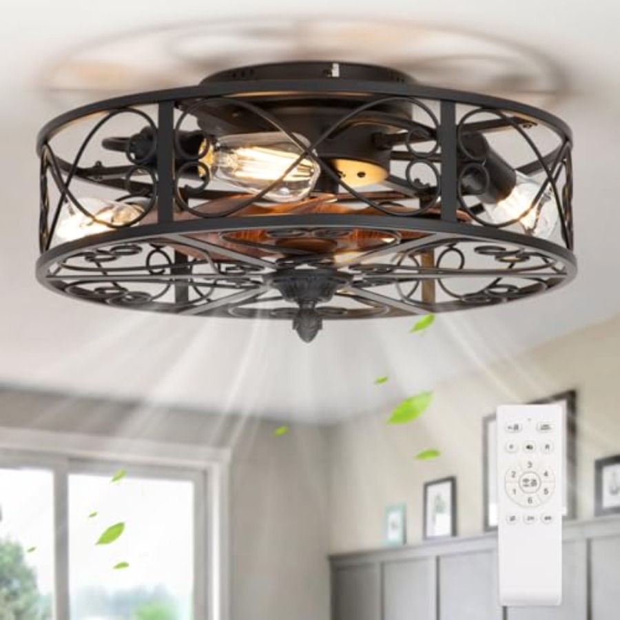 조명이 있는 케이지형 플러시 마운트 천장 선풍기, 농가 - Ceiling Fan Low Profile Flush Mount 리뷰 및 가격