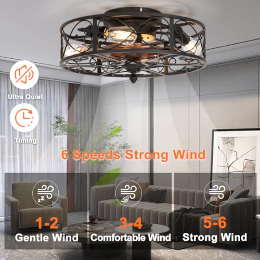 조명이 있는 케이지형 플러시 마운트 천장 선풍기, 농가 - Ceiling Fan Low Profile Flush Mount 리뷰 및 가격