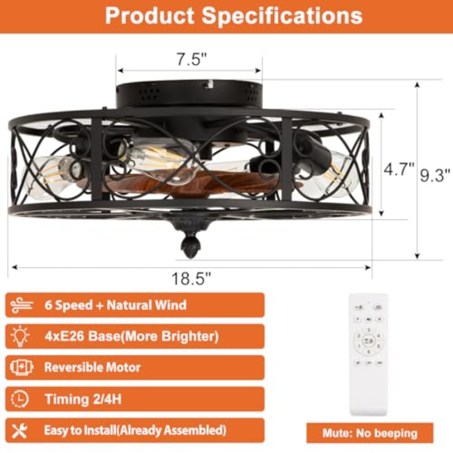 조명이 있는 케이지형 플러시 마운트 천장 선풍기, 농가 - Ceiling Fan Low Profile Flush Mount 리뷰 및 가격
