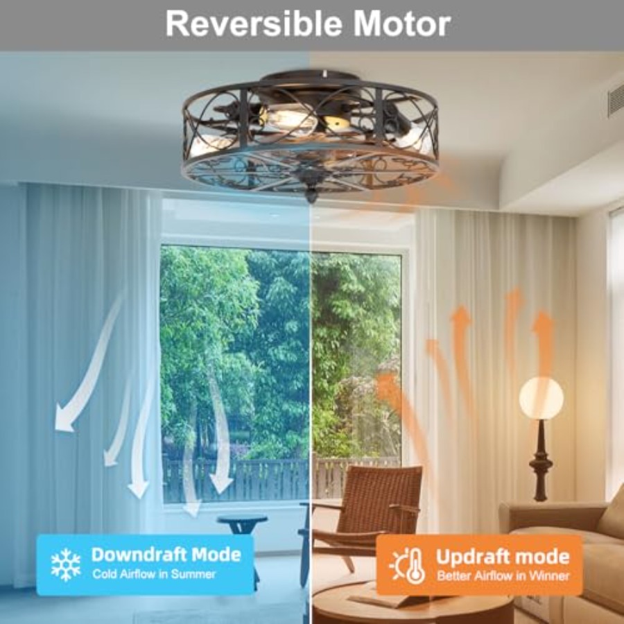 조명이 있는 케이지형 플러시 마운트 천장 선풍기, 농가 - Ceiling Fan Low Profile Flush Mount 리뷰 및 가격