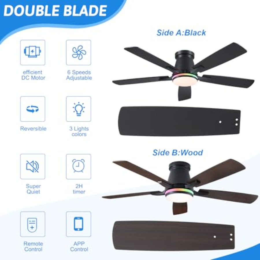 52인치 RGB 조명 천장 선풍기 - 조명 및 리모컨/ - Ceiling Fan Low Profile Flush Mount 리뷰 및 가격