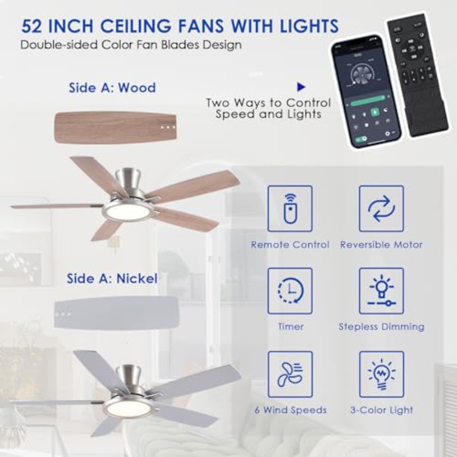 52인치 천장 선풍기(조명 및 리모컨/앱 포함) - 3 - Ceiling Fan Low Profile Flush Mount 리뷰 및 가격