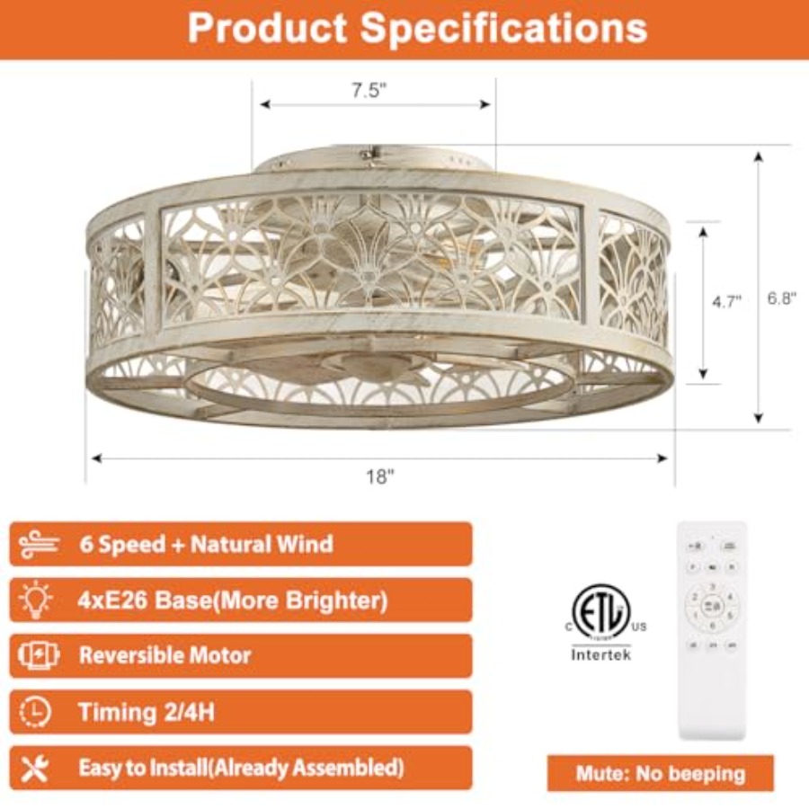 18인치 케이지형 천장 선풍기(조명 포함), 소형 플러 - Ceiling Fan Low Profile Flush Mount 리뷰 및 가격
