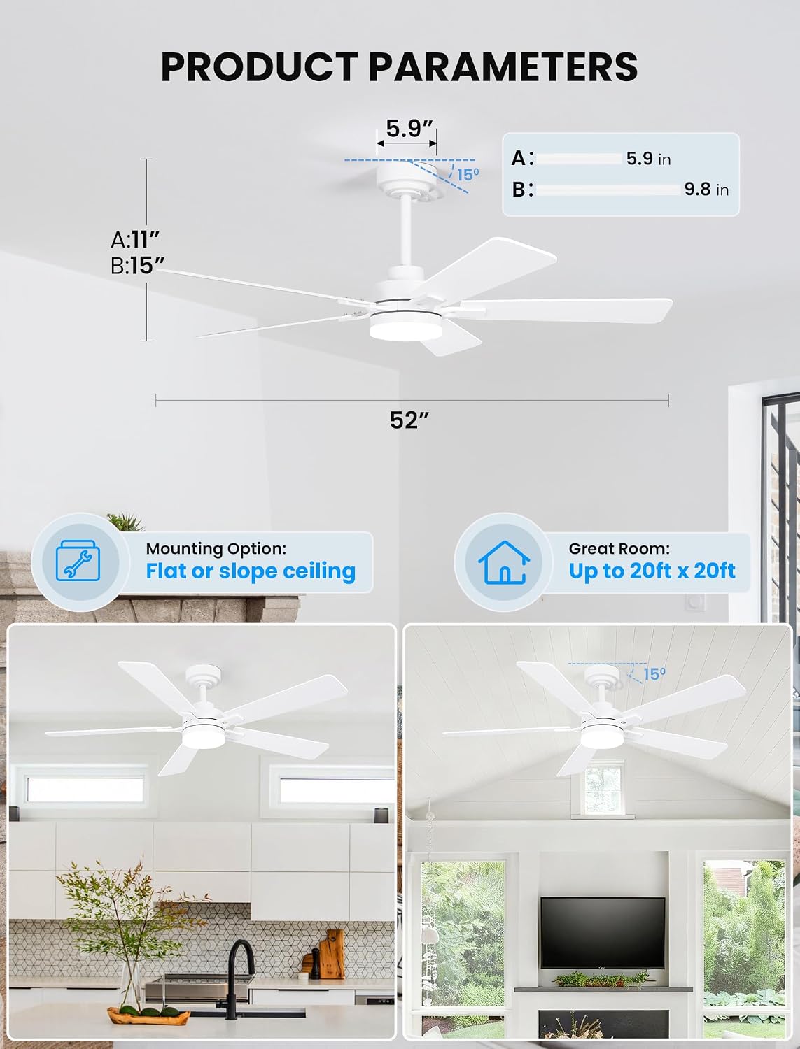 52인치 흰색 천장 선풍기(조명 및 리모컨 포함), 최 - Ceiling Fan Dc Motor 52 Inch 리뷰 및 가격